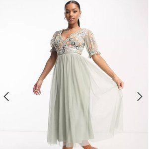 NWT Asos Maya Deluxe Ruffle Puff Sleeve with Embroidery in Sage, size 12